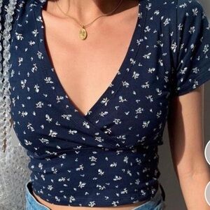 Brandy Melville navy blue cropped Amara Top with Subtle Floral Accents